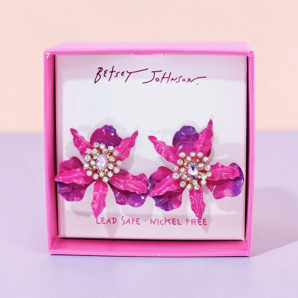 New Betsey Johnson Gold Plated Orchid Flower Drop Earrings Crystal Accents 1.5"
